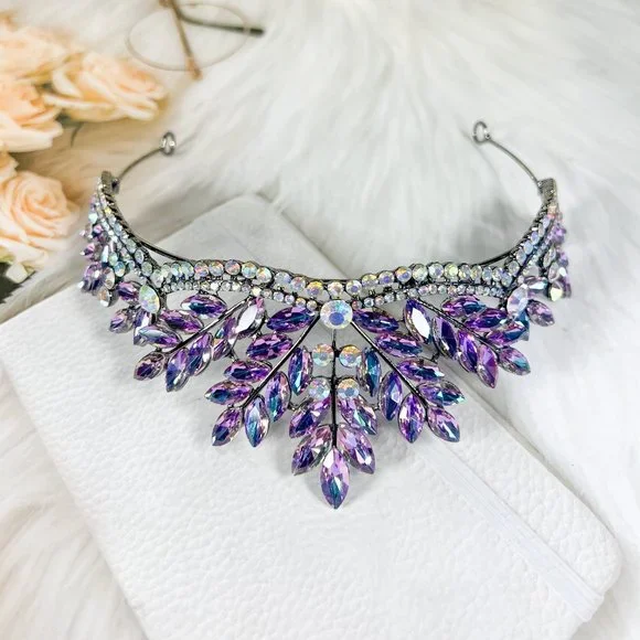 Purple Gemstone Wedding Tiara Headband for Women, Purple Rhinestone Leaf Crown - Picture 3 of 6